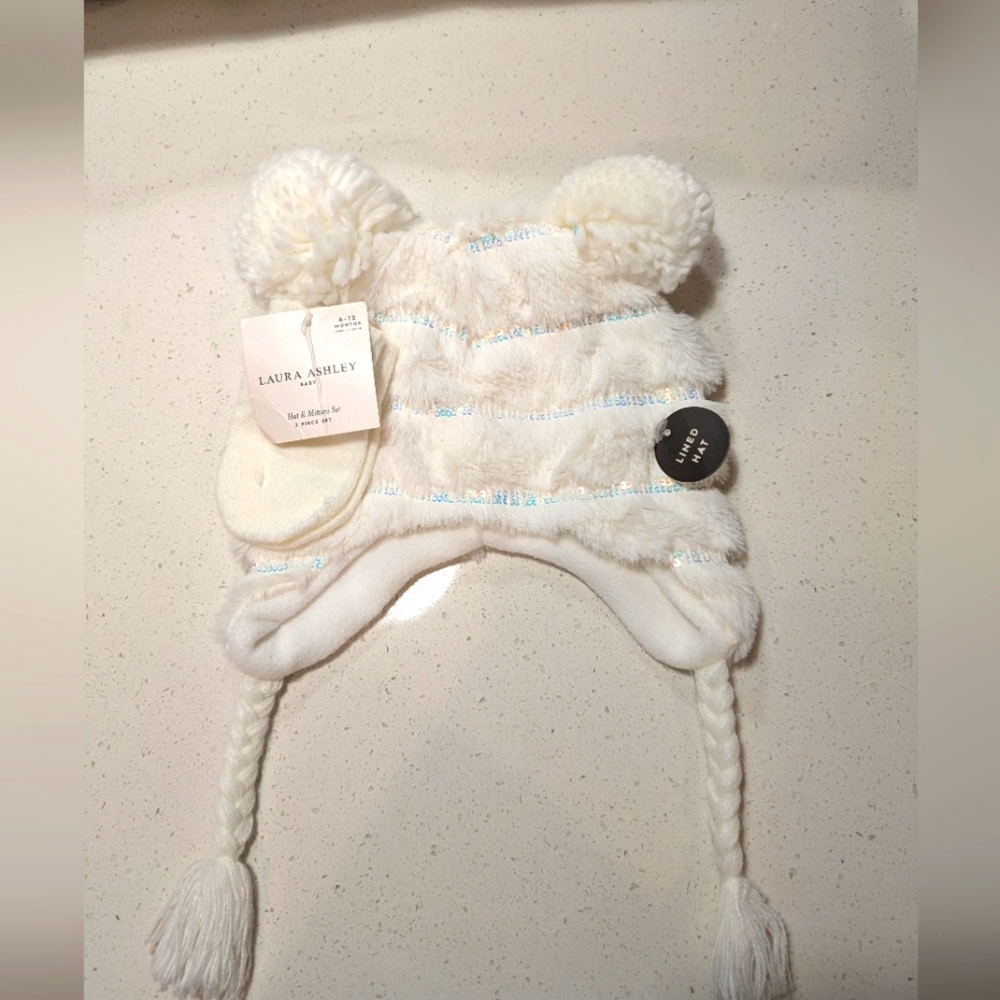 Laura Ashley Baby Girls' 6-12 Months Ivory Plush Sequin Hat With Mittens Set